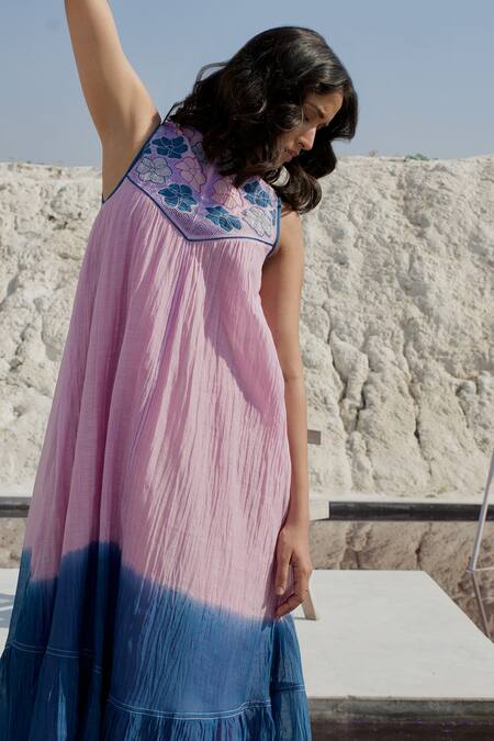 Shop_The Loom Art_Purple Chanderi Silk Embroidery Round Neck Ombre A-line Dress _Online_at_Aza_Fashions