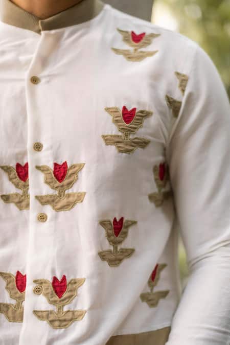 Shop Vaani Beswal Off White , Satin Applique Aalam Embroidered Shirt Online at Aza Fashions Shop_Vaani Beswal_Off White , Satin Applique Aalam Embroidered Shirt _Online_at_Aza_Fashions