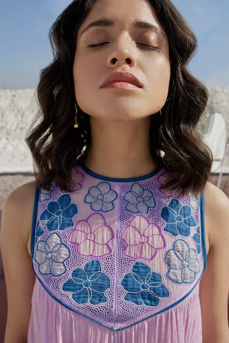 The Loom Art_Purple Chanderi Silk Embroidery Round Neck Ombre A-line Dress _at_Aza_Fashions