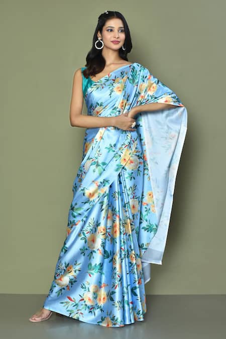Buy Samyukta Singhania Blue Satin, Crepe Flora Printed Saree Online at Aza Fashions Buy_Samyukta Singhania_Blue Satin, Crepe Flora Printed Saree_Online_at_Aza_Fashions