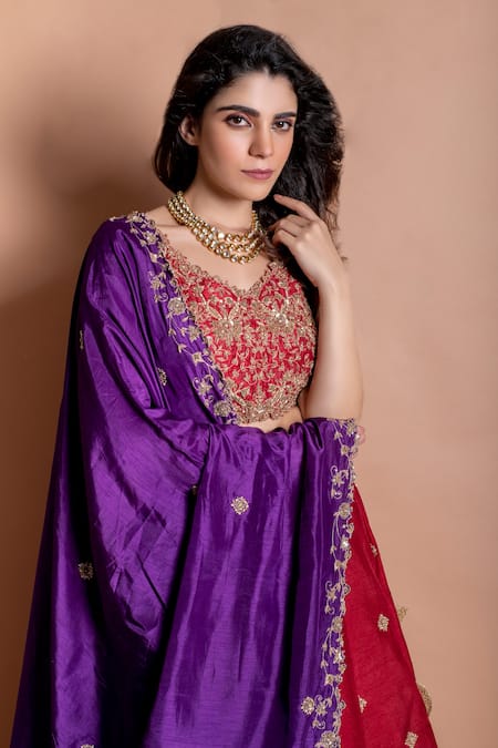 Kesar Studio Red Bamboo Zari, Embroidery V-neck Floral Lehenga Set Online at Aza Fashions Kesar Studio_Red Bamboo Zari, Embroidery V-neck Floral Lehenga Set_Online_at_Aza_Fashions