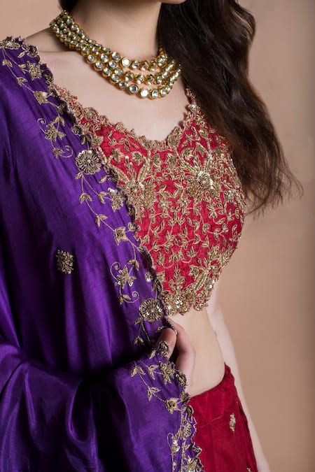 Buy Kesar Studio Red Bamboo Zari, Embroidery V-neck Floral Lehenga Set Online at Aza Fashions Buy_Kesar Studio_Red Bamboo Zari, Embroidery V-neck Floral Lehenga Set_Online_at_Aza_Fashions