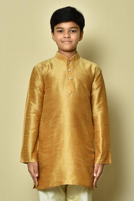 Petite Pomme Brown Silk Solid Half Button Placket Kurta at Aza Fashions Petite Pomme_Brown Silk Solid Half Button Placket Kurta _at_Aza_Fashions