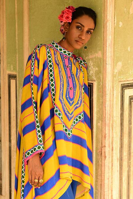 Shop_Swati Vijaivargie_Blue Silk Printed Stripes Mandarin Collar Rani Cape  _Online_at_Aza_Fashions