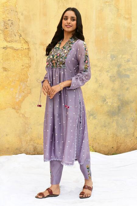Label Niti Bothra_Purple Silk Embroidery V-neck Polka Dot Pattern V Kurta And Pant Set _Online_at_Aza_Fashions