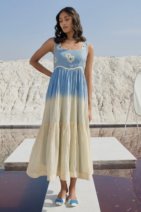The Loom Art_Blue Chanderi Silk Embroidery Round Neck Two Tier Dress _Online_at_Aza_Fashions