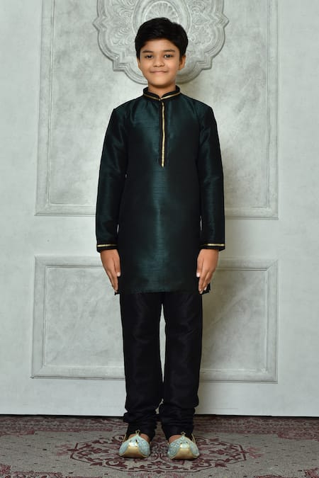Petite Pomme_Green Silk, Denim Embroidery Mandarin Collar Kurta And Churidar Set _Online_at_Aza_Fashions