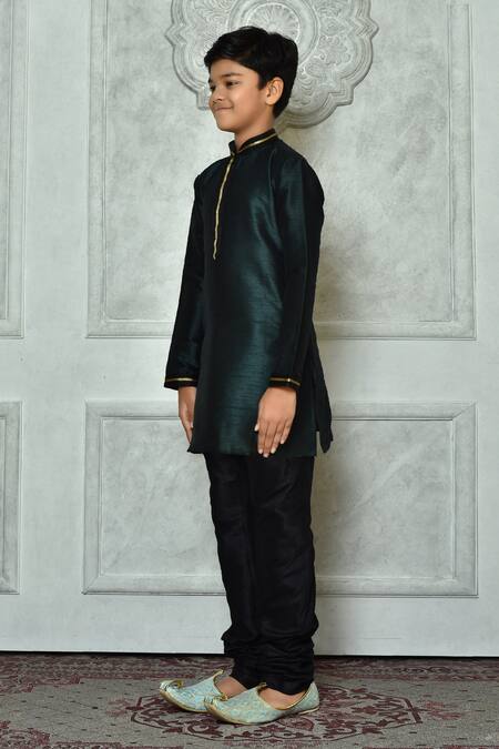 Shop_Petite Pomme_Green Silk, Polyester Embroidery Mandarin Collar Kurta _Online_at_Aza_Fashions