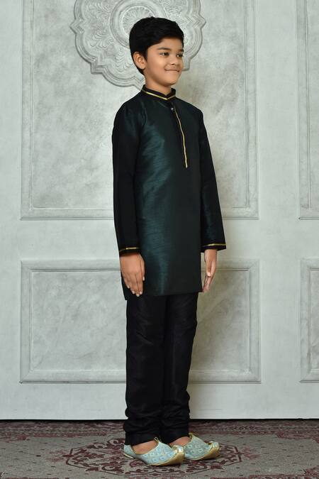 Petite Pomme_Green Silk, Polyester Embroidery Mandarin Collar Kurta _at_Aza_Fashions
