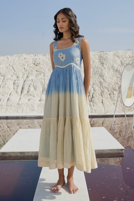 Buy_The Loom Art_Blue Chanderi Silk Embroidery Round Neck Two Tier Dress _Online_at_Aza_Fashions