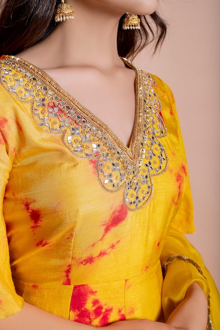 Buy_Kesar Studio_Yellow Organza Mirrors V-neck Embroidered Anarkali With Dupatta _Online_at_Aza_Fashions