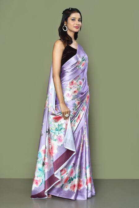 Buy Samyukta Singhania Purple Satin, Crepe Bouquet Print Saree With Running Blouse Online at Aza Fashions Buy_Samyukta Singhania_Purple Satin, Crepe Bouquet Print Saree With Running Blouse_Online_at_Aza_Fashions