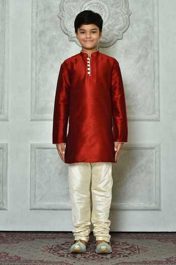 Petite Pomme_Red Silk Solid Mandarin Collar Kurta _Online_at_Aza_Fashions