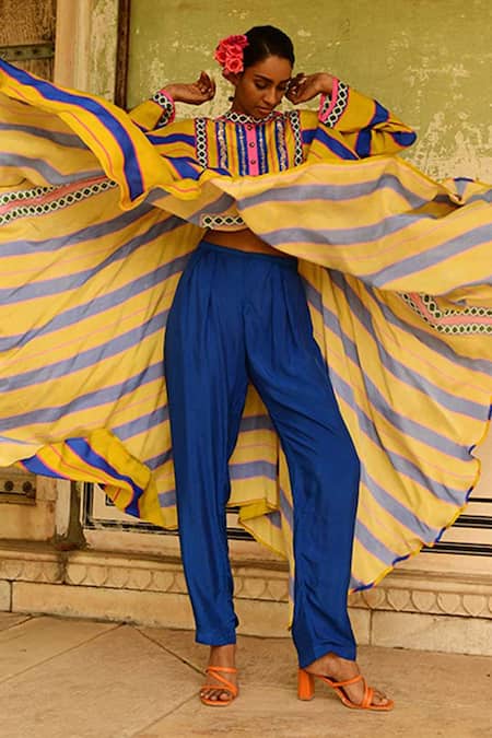 Shop_Swati Vijaivargie_Blue Silk Rani Printed Cape And Pant Set _Online_at_Aza_Fashions
