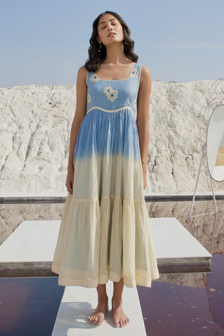 Shop_The Loom Art_Blue Chanderi Silk Embroidery Round Neck Two Tier Dress _Online_at_Aza_Fashions