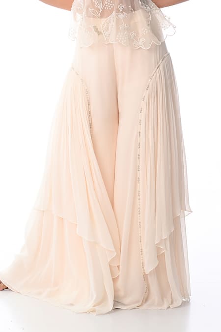 PIRI INDIA Ivory Organza, Georgette Embroidery Square Neck Hand Top And Palazzo Set Online at Aza Fashions PIRI INDIA_Ivory Organza, Georgette Embroidery Square Neck Hand Top And Palazzo Set _Online_at_Aza_Fashions