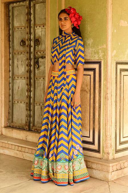 Swati Vijaivargie_Blue Silk Embroidery Mastani Top And Lehenga Set _Online_at_Aza_Fashions