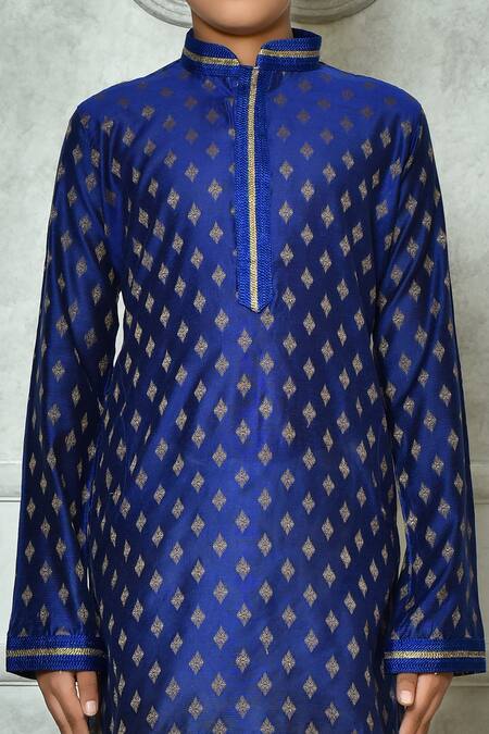 Buy_Petite Pomme_Blue Silk, Denim Embroidery Floral Motifs Kurta And Churidar Set _Online_at_Aza_Fashions