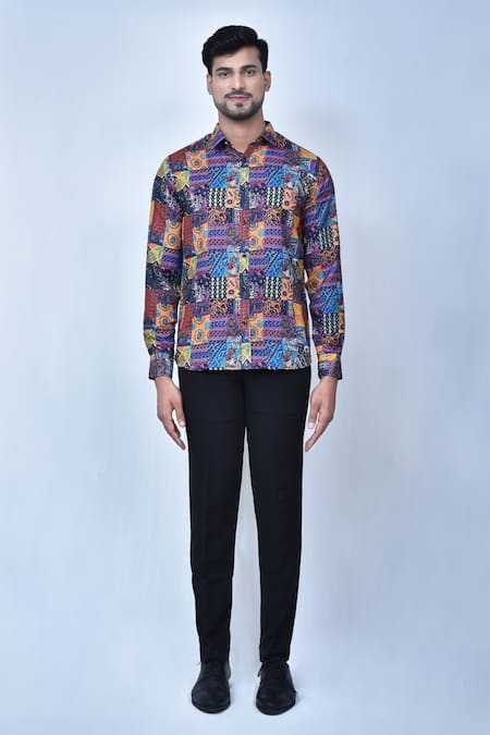 Aryavir Malhotra Multi Color Cotton Abstract Print Shirt Online at Aza Fashions Aryavir Malhotra_Multi Color Cotton Abstract Print Shirt _Online_at_Aza_Fashions