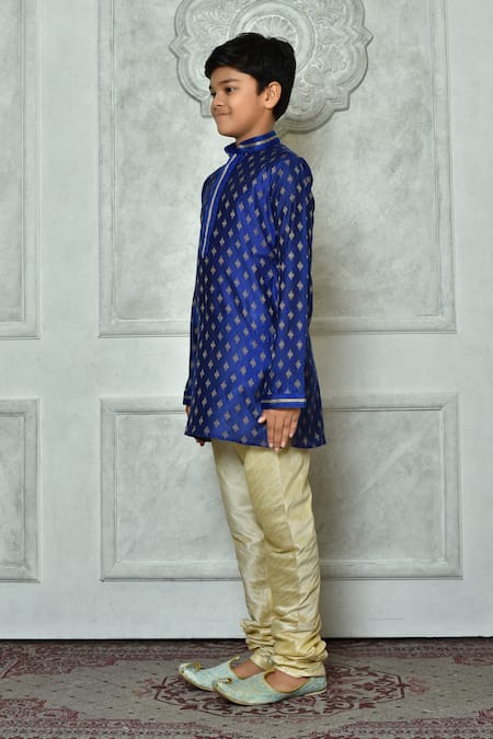 Shop_Petite Pomme_Blue Silk Embroidery Floral Motifs Kurta _Online_at_Aza_Fashions