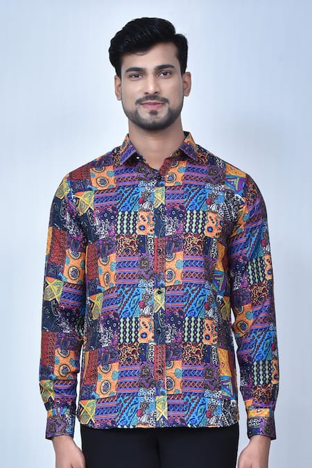 Aryavir Malhotra Multi Color Cotton Abstract Print Shirt at Aza Fashions Aryavir Malhotra_Multi Color Cotton Abstract Print Shirt _at_Aza_Fashions