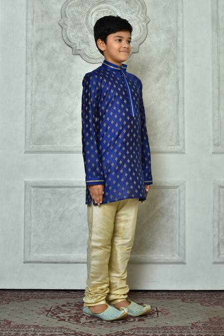 Petite Pomme_Blue Silk, Denim Embroidery Floral Motifs Kurta And Churidar Set _at_Aza_Fashions