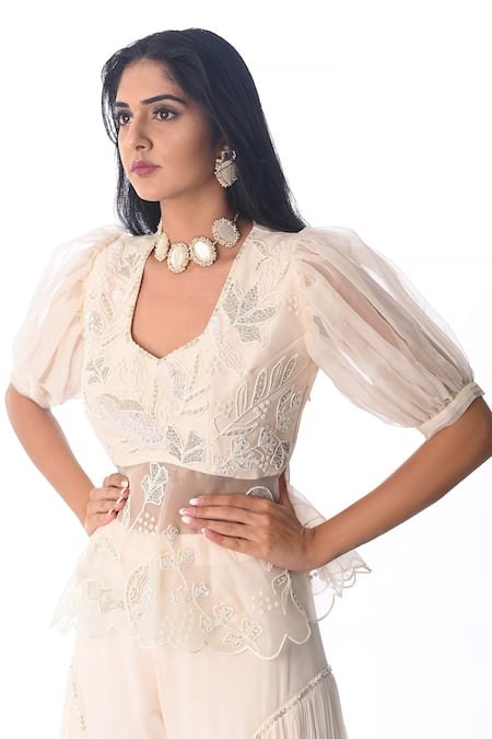 Shop_PIRI INDIA_Ivory Organza, Georgette Embroidery Square Neck Hand Top And Palazzo Set _Online_at_Aza_Fashions