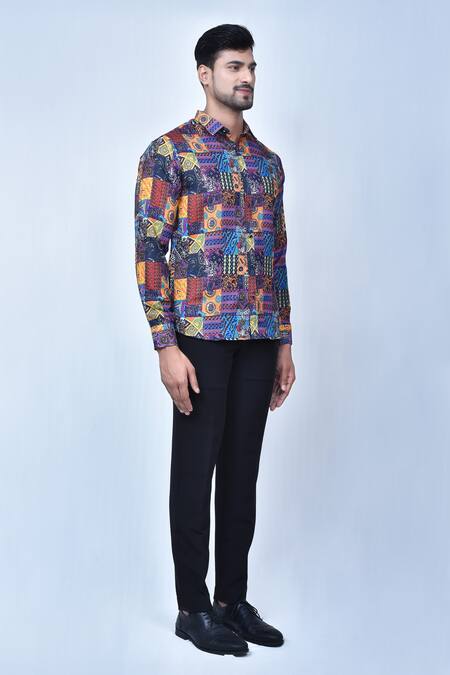 Shop Aryavir Malhotra Multi Color Cotton Abstract Print Shirt Online at Aza Fashions Shop_Aryavir Malhotra_Multi Color Cotton Abstract Print Shirt _Online_at_Aza_Fashions
