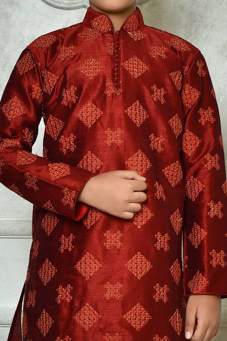 Petite Pomme_Red Silk Diamond Embroidered Kurta And Dhoti Set _at_Aza_Fashions