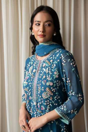 Buy Summer By Priyanka Gupta Blue Chiffon Floral Round Persian Hand Embroidered Straight Kurta Set Online at Aza Fashions Buy_Summer By Priyanka Gupta_Blue Chiffon Floral Round Persian Hand Embroidered Straight Kurta Set_Online_at_Aza_Fashions