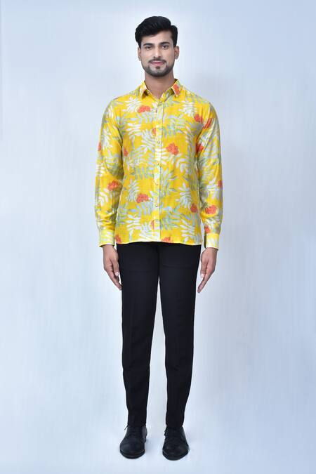 Arihant Rai Sinha Yellow Cotton Printed Floral And Leaf Shirt Online at Aza Fashions Arihant Rai Sinha_Yellow Cotton Printed Floral And Leaf Shirt_Online_at_Aza_Fashions
