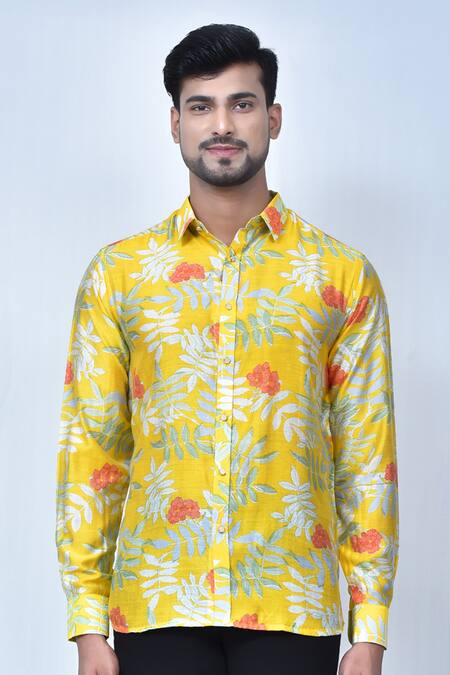 Arihant Rai Sinha Yellow Cotton Printed Floral And Leaf Shirt at Aza Fashions Arihant Rai Sinha_Yellow Cotton Printed Floral And Leaf Shirt_at_Aza_Fashions