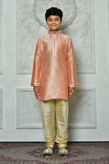 Buy Petite Pomme Peach Silk Embroidery Mandarin Collar Kurta Online at Aza Fashions Buy_Petite Pomme_Peach Silk Embroidery Mandarin Collar Kurta _Online_at_Aza_Fashions