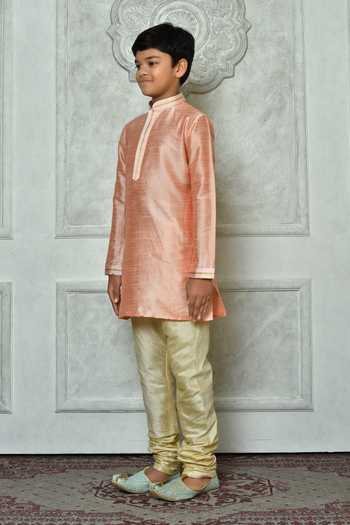 Shop Petite Pomme Peach Silk Embroidery Mandarin Collar Kurta Online at Aza Fashions Shop_Petite Pomme_Peach Silk Embroidery Mandarin Collar Kurta _Online_at_Aza_Fashions