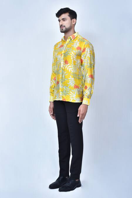 Buy Arihant Rai Sinha Yellow Cotton Printed Floral And Leaf Shirt Online at Aza Fashions Buy_Arihant Rai Sinha_Yellow Cotton Printed Floral And Leaf Shirt_Online_at_Aza_Fashions