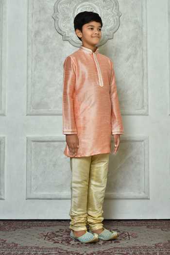 Petite Pomme Peach Silk Embroidery Mandarin Collar Kurta at Aza Fashions Petite Pomme_Peach Silk Embroidery Mandarin Collar Kurta _at_Aza_Fashions