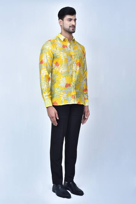 Shop Arihant Rai Sinha Yellow Cotton Printed Floral And Leaf Shirt Online at Aza Fashions Shop_Arihant Rai Sinha_Yellow Cotton Printed Floral And Leaf Shirt_Online_at_Aza_Fashions