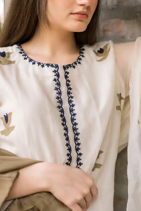 Shop Vaani Beswal Ivory Chanderi Embroidery Round Neck Applique Kurta And Pant Set Online at Aza Fashions Shop_Vaani Beswal_Ivory Chanderi Embroidery Round Neck Applique Kurta And Pant Set _Online_at_Aza_Fashions