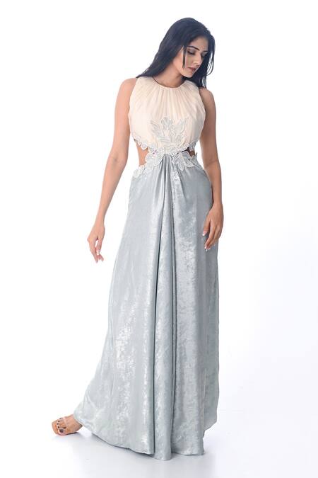 PIRI INDIA_Ivory Organza, Crepe Embroidery Round Neck Hand Cocktail Gown _Online_at_Aza_Fashions