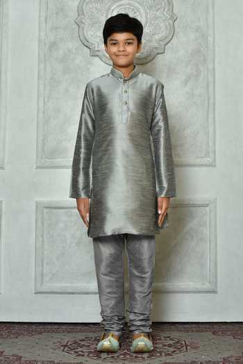 Petite Pomme_Grey Silk Full Sleeve Kurta _Online_at_Aza_Fashions