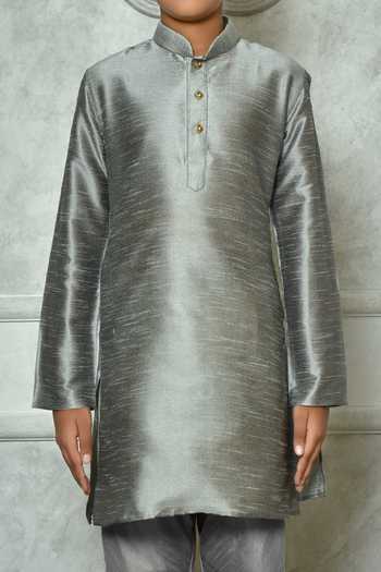 Buy_Petite Pomme_Grey Silk Full Sleeve Kurta _Online_at_Aza_Fashions