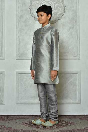 Shop_Petite Pomme_Grey Silk Full Sleeve Kurta _Online_at_Aza_Fashions