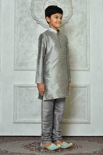 Petite Pomme_Grey Silk Full Sleeve Kurta _at_Aza_Fashions