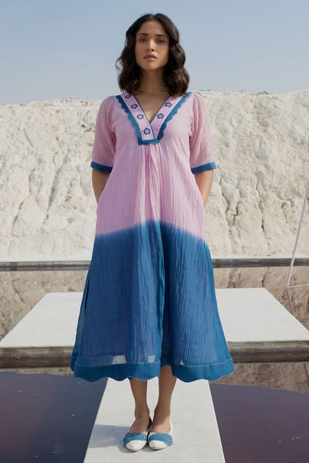 Buy_The Loom Art_Blue Chanderi Silk Embroidery V-neck Ombre V Dress _Online_at_Aza_Fashions
