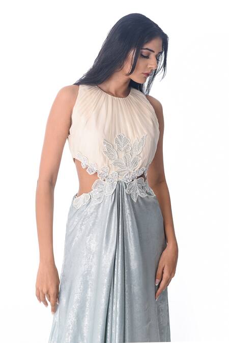 Buy_PIRI INDIA_Ivory Organza, Crepe Embroidery Round Neck Hand Cocktail Gown _Online_at_Aza_Fashions