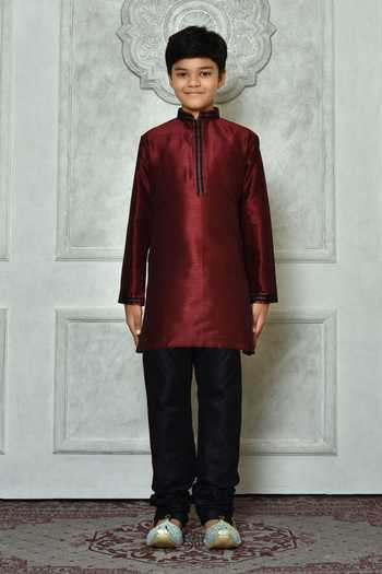Buy_Petite Pomme_Maroon Cotton Embroidery Long Sleeved Kurta And Churidar Set _Online_at_Aza_Fashions