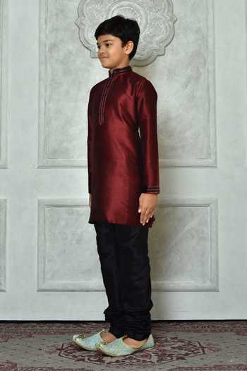 Shop_Petite Pomme_Maroon Silk Embroidery Long Sleeved Kurta _Online_at_Aza_Fashions