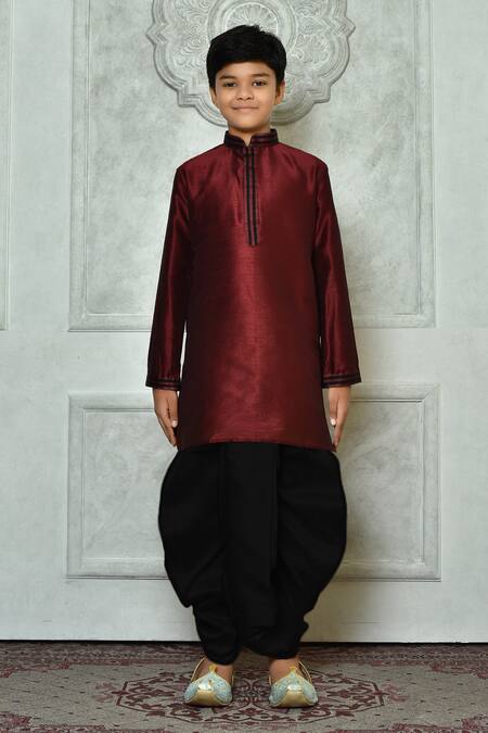 Petite Pomme_Maroon Silk, Cotton Embroidery Thread Work Kurta And Dhoti Pant Set _at_Aza_Fashions