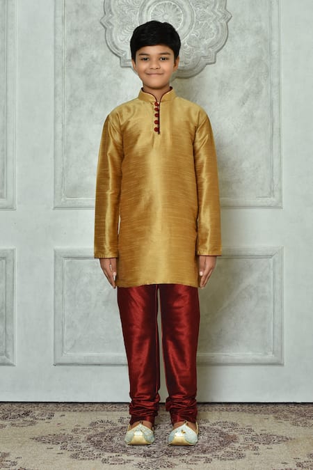 Petite Pomme_Gold Silk Straight Mandarin Collar Kurta _Online_at_Aza_Fashions