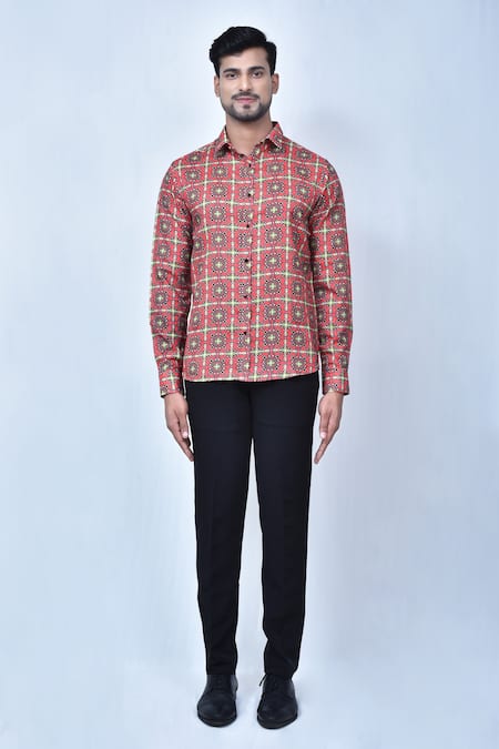 Aryavir Malhotra Red Cotton Printed Shirt Online at Aza Fashions Aryavir Malhotra_Red Cotton Printed Shirt _Online_at_Aza_Fashions